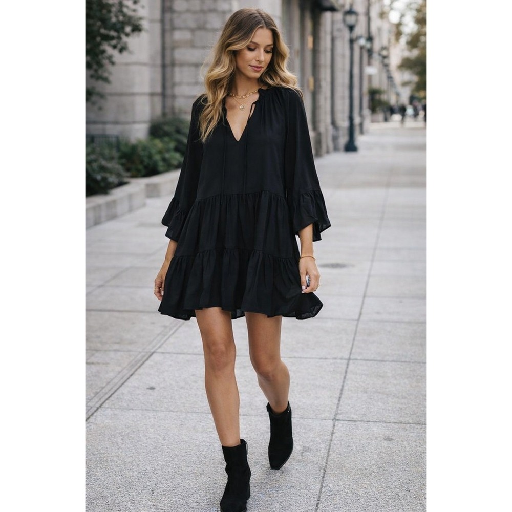 Show Me Your MuMu Viola Tiered Mini Dress Flowy Black Long Sleeve Small